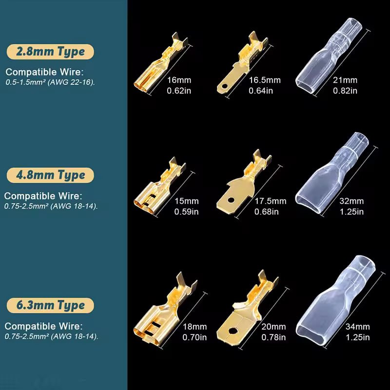 180/300/315PCS 2.8mm 4.8mm 6.3mm Male and Female Wire Spade Connector and Insulating Sleeve Assortment Kit for Car Audio Speaker